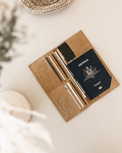Travel Wallet in brown from Northern Olive holding passport, cards and money.  